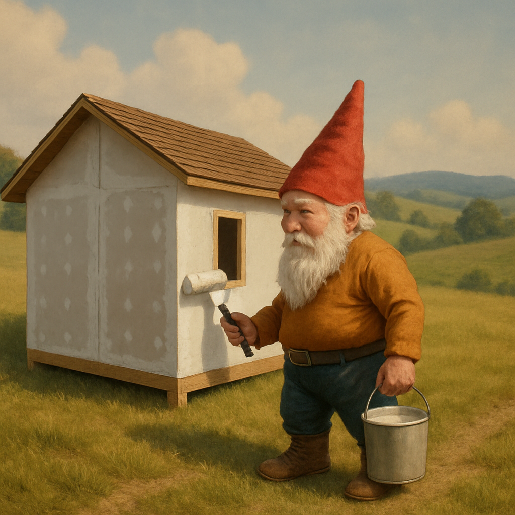 A gnome with a red hat paints a small wooden shed in an open field with rolling green hills in the background.